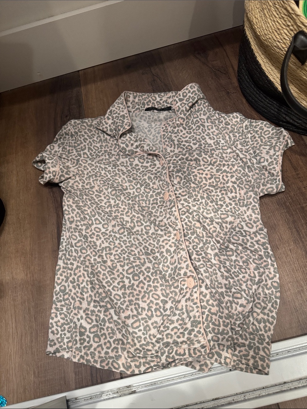 Women's Short-Sleeve Button-Down Leopard Print Top - Pink and Gray